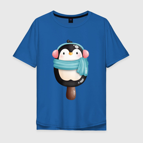 Мужская футболка хлопок Oversize с принтом Пингвин   эскимо в Санкт-Петербурге, 100% хлопок | свободный крой, круглый ворот, “спинка” длиннее передней части | зима | мороженое | новый год | рождество | эскимо