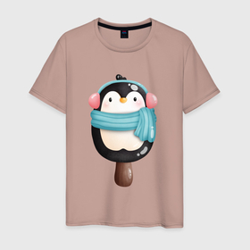 Мужская футболка хлопок с принтом Пингвин   эскимо , 100% хлопок | прямой крой, круглый вырез горловины, длина до линии бедер, слегка спущенное плечо. | зима | мороженое | новый год | рождество | эскимо
