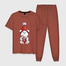 Мужская пижама хлопок с принтом Медвежонок новогодний 2022 в Тюмени, 100% хлопок | брюки и футболка прямого кроя, без карманов, на брюках мягкая резинка на поясе и по низу штанин
 | Тематика изображения на принте: 2022 | медвежонок | новогодний | новый год | рождество