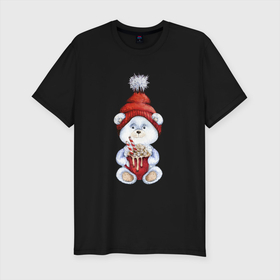 Мужская футболка хлопок Slim с принтом Медвежонок новогодний 2022 в Петрозаводске, 92% хлопок, 8% лайкра | приталенный силуэт, круглый вырез ворота, длина до линии бедра, короткий рукав | Тематика изображения на принте: 2022 | медвежонок | новогодний | новый год | рождество
