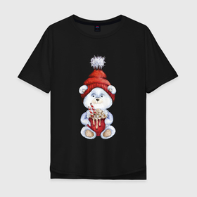 Мужская футболка хлопок Oversize с принтом Медвежонок новогодний 2022 в Петрозаводске, 100% хлопок | свободный крой, круглый ворот, “спинка” длиннее передней части | Тематика изображения на принте: 2022 | медвежонок | новогодний | новый год | рождество