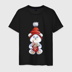 Мужская футболка хлопок с принтом Медвежонок новогодний 2022 в Петрозаводске, 100% хлопок | прямой крой, круглый вырез горловины, длина до линии бедер, слегка спущенное плечо. | Тематика изображения на принте: 2022 | медвежонок | новогодний | новый год | рождество