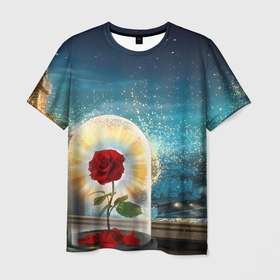 Мужская футболка 3D с принтом Роза в Колбе в Курске, 100% полиэфир | прямой крой, круглый вырез горловины, длина до линии бедер | красивая роза | красная роза | лепестки роз | ночь за окном | прозрачная колба | роза | роза и ночь | роза с шипами | цветок в колбе | цветок на окне