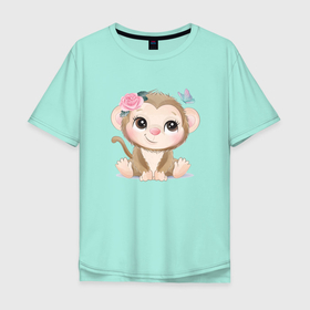 Мужская футболка хлопок Oversize с принтом Обезьянка с бабочкой в Тюмени, 100% хлопок | свободный крой, круглый ворот, “спинка” длиннее передней части | Тематика изображения на принте: бабочка | детская | для детей | животные | звери | обезьяна | обезьянка