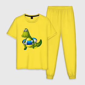 Мужская пижама хлопок с принтом Крокодильчик учится плавать в Курске, 100% хлопок | брюки и футболка прямого кроя, без карманов, на брюках мягкая резинка на поясе и по низу штанин
 | детские | для детей | кроко | крокодил | мульт | спасательный круг
