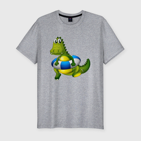 Мужская футболка хлопок Slim с принтом Крокодильчик учится плавать в Курске, 92% хлопок, 8% лайкра | приталенный силуэт, круглый вырез ворота, длина до линии бедра, короткий рукав | детские | для детей | кроко | крокодил | мульт | спасательный круг