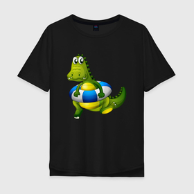 Мужская футболка хлопок Oversize с принтом Крокодильчик учится плавать , 100% хлопок | свободный крой, круглый ворот, “спинка” длиннее передней части | детские | для детей | кроко | крокодил | мульт | спасательный круг