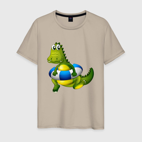 Мужская футболка хлопок с принтом Крокодильчик учится плавать в Кировске, 100% хлопок | прямой крой, круглый вырез горловины, длина до линии бедер, слегка спущенное плечо. | детские | для детей | кроко | крокодил | мульт | спасательный круг