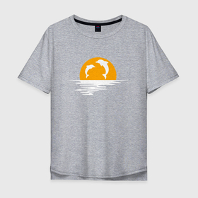 Мужская футболка хлопок Oversize с принтом Дельфины в закате в Кировске, 100% хлопок | свободный крой, круглый ворот, “спинка” длиннее передней части | Тематика изображения на принте: дельфин | животные | закат | море | природы | рассвет | солнце