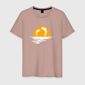 Мужская футболка хлопок с принтом Дельфины в закате в Тюмени, 100% хлопок | прямой крой, круглый вырез горловины, длина до линии бедер, слегка спущенное плечо. | дельфин | животные | закат | море | природы | рассвет | солнце