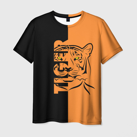 Мужская футболка 3D с принтом Тигр   (Tiger) в Тюмени, 100% полиэфир | прямой крой, круглый вырез горловины, длина до линии бедер | animal | beast | cat | predator | tiger | амурский тигр | белый тигр | боец | во | год тигра | дикий тигр | животное | зверь | злой тигр | кот | новый год 2022 | оскал | охотник | полосатая кошка | полоски тигра