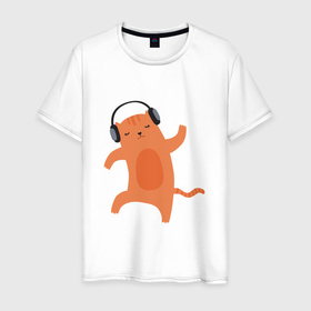 Мужская футболка хлопок с принтом Котик в наушниках 2022 в Екатеринбурге, 100% хлопок | прямой крой, круглый вырез горловины, длина до линии бедер, слегка спущенное плечо. | кожаный | котики | кошка | милашка | на чиле | настроение | няшка | позитив | пушистик | шерстяной