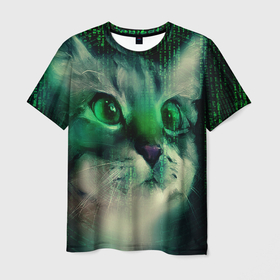 Мужская футболка 3D с принтом Cat in The Digital World в Тюмени, 100% полиэфир | прямой крой, круглый вырез горловины, длина до линии бедер | cats | vr | виртуальная реальность | киберпанк | коты | мем | цифры