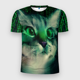 Мужская футболка 3D Slim с принтом Cat in The Digital World в Белгороде, 100% полиэстер с улучшенными характеристиками | приталенный силуэт, круглая горловина, широкие плечи, сужается к линии бедра | cats | vr | виртуальная реальность | киберпанк | коты | мем | цифры