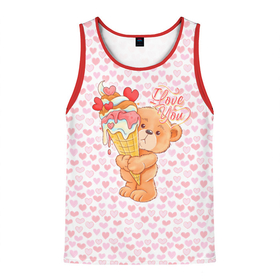 Мужская майка 3D с принтом Плюшевый Мишка с мороженым в Белгороде, 100% полиэстер | круглая горловина, приталенный силуэт, длина до линии бедра. Пройма и горловина окантованы тонкой бейкой | bear | hearts | love | valentines | valentines day | валентинка | влюбленный | день святого валентина | любовь | медведь | мишка | мороженое | сердечко | сердце