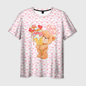 Мужская футболка 3D с принтом Плюшевый Мишка с мороженым , 100% полиэфир | прямой крой, круглый вырез горловины, длина до линии бедер | Тематика изображения на принте: bear | hearts | love | valentines | valentines day | валентинка | влюбленный | день святого валентина | любовь | медведь | мишка | мороженое | сердечко | сердце