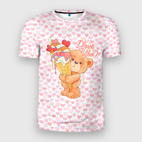 Мужская футболка 3D Slim с принтом Плюшевый Мишка с мороженым в Курске, 100% полиэстер с улучшенными характеристиками | приталенный силуэт, круглая горловина, широкие плечи, сужается к линии бедра | bear | hearts | love | valentines | valentines day | валентинка | влюбленный | день святого валентина | любовь | медведь | мишка | мороженое | сердечко | сердце