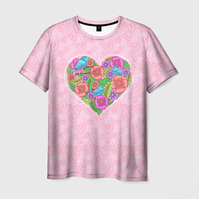 Мужская футболка 3D с принтом Весна в сердце   Spring in the heart в Новосибирске, 100% полиэфир | прямой крой, круглый вырез горловины, длина до линии бедер | hearts | love | valentines | valentines day | валентинка | весна | влюбленный | день святого валентина | лето | любовь | птица | птичка | сердечко | сердце | цветы