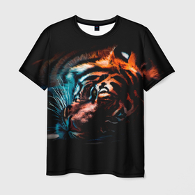 Мужская футболка 3D с принтом Красивый Тигр лежит в Екатеринбурге, 100% полиэфир | прямой крой, круглый вырез горловины, длина до линии бедер | furry | low poly | tiger | восточный тигр | год тигра | голова | кошка | лоу поли | тигр | тигренок | фурри | хищник | шерсть тигра