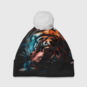 Шапка 3D c помпоном с принтом Красивый Тигр лежит в Новосибирске, 100% полиэстер | универсальный размер, печать по всей поверхности изделия | furry | low poly | tiger | восточный тигр | год тигра | голова | кошка | лоу поли | тигр | тигренок | фурри | хищник | шерсть тигра