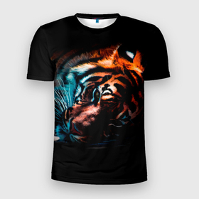 Мужская футболка 3D Slim с принтом Красивый Тигр лежит , 100% полиэстер с улучшенными характеристиками | приталенный силуэт, круглая горловина, широкие плечи, сужается к линии бедра | Тематика изображения на принте: furry | low poly | tiger | восточный тигр | год тигра | голова | кошка | лоу поли | тигр | тигренок | фурри | хищник | шерсть тигра