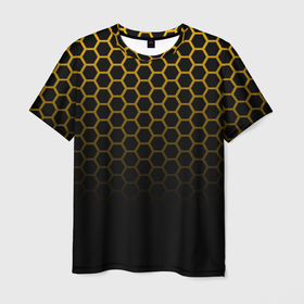 Мужская футболка 3D с принтом Неоновая кольчуга | Gold neon в Белгороде, 100% полиэфир | прямой крой, круглый вырез горловины, длина до линии бедер | geometry | gold | neon | геометрия | железный | желтый | золотая | золото | кольчуга | мед | медовый | неон | неоновый | половина | пчела | соты | черный