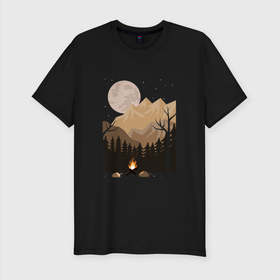 Мужская футболка хлопок Slim с принтом Туристический поход в лесу в Новосибирске, 92% хлопок, 8% лайкра | приталенный силуэт, круглый вырез ворота, длина до линии бедра, короткий рукав | горы | деревья | ели | костер | лес | луна | ночь | полнолуние | птицы | сосны
