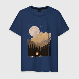 Мужская футболка хлопок с принтом Туристический поход в лесу в Кировске, 100% хлопок | прямой крой, круглый вырез горловины, длина до линии бедер, слегка спущенное плечо. | горы | деревья | ели | костер | лес | луна | ночь | полнолуние | птицы | сосны