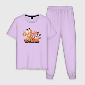 Мужская пижама хлопок с принтом Червячки Worms в Тюмени, 100% хлопок | брюки и футболка прямого кроя, без карманов, на брюках мягкая резинка на поясе и по низу штанин
 | worms | worms игра | вормс | червяки | червячки | червячки игра