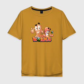 Мужская футболка хлопок Oversize с принтом Червячки Worms в Тюмени, 100% хлопок | свободный крой, круглый ворот, “спинка” длиннее передней части | worms | worms игра | вормс | червяки | червячки | червячки игра