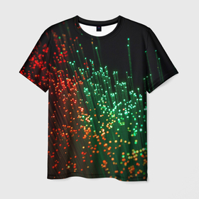 Мужская футболка 3D с принтом Неоновые светящиеся палочки в Санкт-Петербурге, 100% полиэфир | прямой крой, круглый вырез горловины, длина до линии бедер | неоновые светящиеся палочки | нити | оптическое волокно | палочки | полосы | светлячки