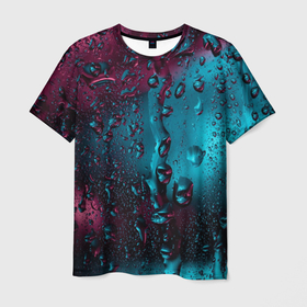 Мужская футболка 3D с принтом Ностальгия фиолетового дождя в Новосибирске, 100% полиэфир | прямой крой, круглый вырез горловины, длина до линии бедер | вода | водные капли | дождь | капли | ностальгия фиолетового дождя | стекло