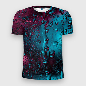 Мужская футболка 3D Slim с принтом Ностальгия фиолетового дождя в Тюмени, 100% полиэстер с улучшенными характеристиками | приталенный силуэт, круглая горловина, широкие плечи, сужается к линии бедра | вода | водные капли | дождь | капли | ностальгия фиолетового дождя | стекло