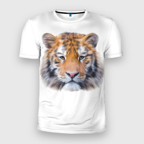 Мужская футболка 3D Slim с принтом Тигр рыжий полосатый в Екатеринбурге, 100% полиэстер с улучшенными характеристиками | приталенный силуэт, круглая горловина, широкие плечи, сужается к линии бедра | голова тигра | дикая природа | зверь | знак | китайский новый год | новый год | полосатый тигра | тигр