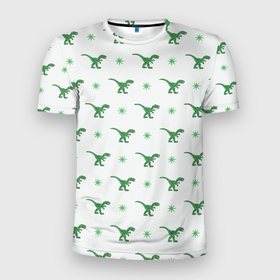 Мужская футболка 3D Slim с принтом Динозавры паттерн в Кировске, 100% полиэстер с улучшенными характеристиками | приталенный силуэт, круглая горловина, широкие плечи, сужается к линии бедра | белый | дино | динозавры | животные | звери | зеленый | паттерн | популярные иллюстрации | светлый | юрский период