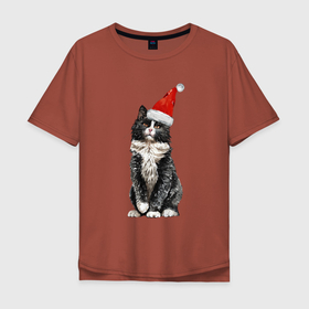 Мужская футболка хлопок Oversize с принтом Черный кот в кружке (Новогодний) в Белгороде, 100% хлопок | свободный крой, круглый ворот, “спинка” длиннее передней части | зима | кот | котенок | котик | котики | кошка | новогодняя | новый год | рождество | тепло