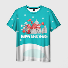 Мужская футболка 3D с принтом Happy New Year Новогодние гномы , 100% полиэфир | прямой крой, круглый вырез горловины, длина до линии бедер | Тематика изображения на принте: happy new year | гномы | новый год | рождество | с новым годом