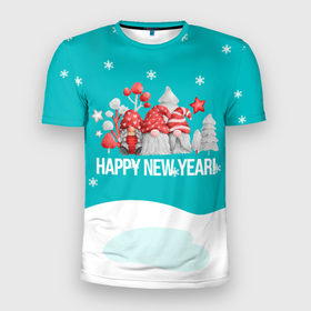 Мужская футболка 3D Slim с принтом Happy New Year Новогодние гномы , 100% полиэстер с улучшенными характеристиками | приталенный силуэт, круглая горловина, широкие плечи, сужается к линии бедра | Тематика изображения на принте: happy new year | гномы | новый год | рождество | с новым годом