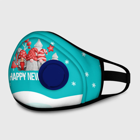 Маска из неопрена с принтом Happy New Year Новогодние гномы в городе Новоалтайск, неопрен 100% | Форма огибающая нос. Резинки для ушей с дополнительной резинкой на затылке. Клапан для выдоха для активного дыхания при занятиях спортом. Эластичный материал маски и окантовки для лучшего растяжения и прилегания маски.  | happy new year | гномы | новый год | рождество | с новым годом