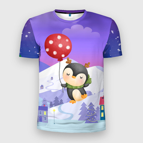 Мужская футболка 3D Slim с принтом Новогодний пингвин с шариком , 100% полиэстер с улучшенными характеристиками | приталенный силуэт, круглая горловина, широкие плечи, сужается к линии бедра | зима | новогодний | новый год | пингвин | рождество | шарик
