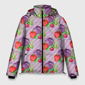 Мужская зимняя куртка 3D с принтом Овощной микс Vegan в Кировске, верх — 100% полиэстер; подкладка — 100% полиэстер; утеплитель — 100% полиэстер | длина ниже бедра, свободный силуэт Оверсайз. Есть воротник-стойка, отстегивающийся капюшон и ветрозащитная планка. 

Боковые карманы с листочкой на кнопках и внутренний карман на молнии. | Тематика изображения на принте: веган | витамины | еда | овощи | огород | перец
