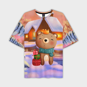 Мужская футболка OVERSIZE 3D с принтом Медвежонок Новогоднее настроение в Белгороде,  |  | зима | медведь | медвежонок | новый год | рождество