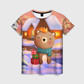 Женская футболка 3D с принтом Медвежонок новогоднее настроение , 100% полиэфир ( синтетическое хлопкоподобное полотно) | прямой крой, круглый вырез горловины, длина до линии бедер | зима | медведь | медвежонок | новый год | рождество