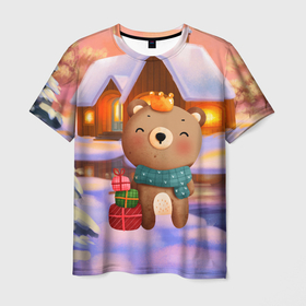 Мужская футболка 3D с принтом Медвежонок Новогоднее настроение в Петрозаводске, 100% полиэфир | прямой крой, круглый вырез горловины, длина до линии бедер | зима | медведь | медвежонок | новый год | рождество