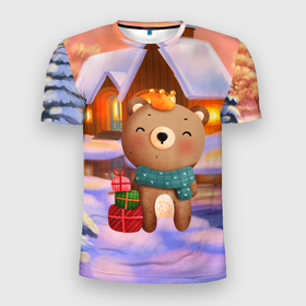 Мужская футболка 3D Slim с принтом Медвежонок Новогоднее настроение в Курске, 100% полиэстер с улучшенными характеристиками | приталенный силуэт, круглая горловина, широкие плечи, сужается к линии бедра | Тематика изображения на принте: зима | медведь | медвежонок | новый год | рождество