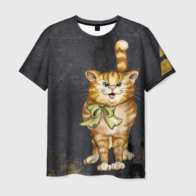 Мужская футболка 3D с принтом Полосатый кот на асфальте в Курске, 100% полиэфир | прямой крой, круглый вырез горловины, длина до линии бедер | асфальт | дорога | дорожная разметка | желтая краска | кот | кошки | полосатый кот | полосатый кот на асфальте | полосы