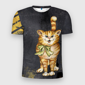 Мужская футболка 3D Slim с принтом Полосатый кот на асфальте в Кировске, 100% полиэстер с улучшенными характеристиками | приталенный силуэт, круглая горловина, широкие плечи, сужается к линии бедра | асфальт | дорога | дорожная разметка | желтая краска | кот | кошки | полосатый кот | полосатый кот на асфальте | полосы