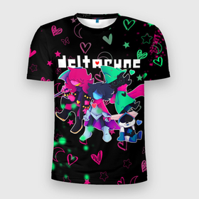 Мужская футболка 3D Slim с принтом ГЕРОИ ИГРЫ DELTARUNE NEON в Новосибирске, 100% полиэстер с улучшенными характеристиками | приталенный силуэт, круглая горловина, широкие плечи, сужается к линии бедра | deltarune | deltarune 2 | game | heart | hearts | neon | stars | undertale символ | дельта | дельтарун | дельтарун 2 | джевил | звё | знак руин андертейл | значок дельтарун пиксель | игра | королева | крис | неон | ноэлль | ральз