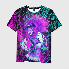 Мужская футболка 3D с принтом KDA NEON DRAGON LEAGUE OF LEGENDS, НЕОНОВЫЕ БРЫЗГИ в Тюмени, 100% полиэфир | прямой крой, круглый вырез горловины, длина до линии бедер | akali | arcane | fan | fan art | hero | japan | jinx | kda | kda mask | league of legends | lol | moba | neon | neon colors | neon dragons | paints | samurai | акали | аркейн | брызги | герой | джинкс | дракон | кда | краски | лига легенд | лол