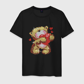 Мужская футболка хлопок с принтом Мишка с сердцем в лапах в Тюмени, 100% хлопок | прямой крой, круглый вырез горловины, длина до линии бедер, слегка спущенное плечо. | медведь | мишка | мишка с сердцем | плюшевый | сердечко | сердце | стразы